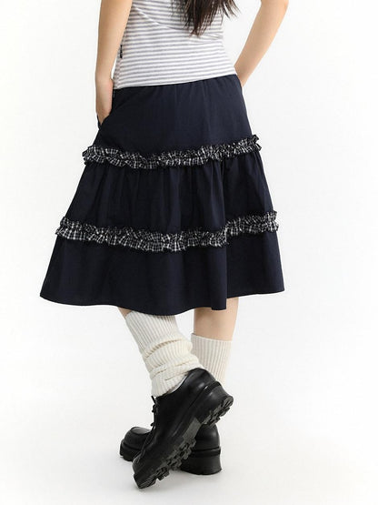 atrandom Navy Plaid Lace Trim Ruffle Patchwork Women&