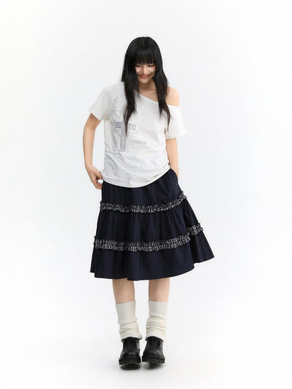 atrandom Navy Plaid Lace Trim Ruffle Patchwork Women&