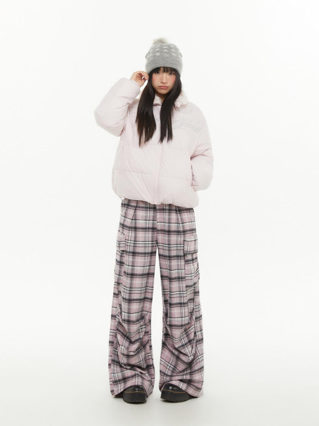 atrandom Pink Plaid Cargo Pocket Natural Waist Relaxed Women&