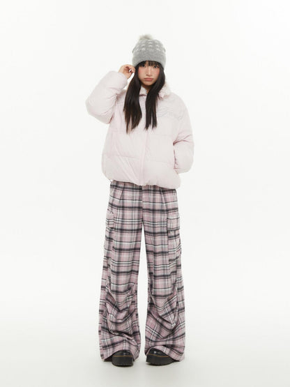 atrandom Pink Plaid Cargo Pocket Natural Waist Relaxed Women&