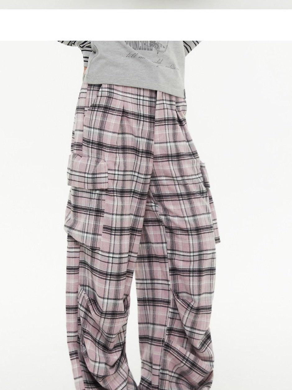 atrandom Pink Plaid Cargo Pocket Natural Waist Relaxed Women&