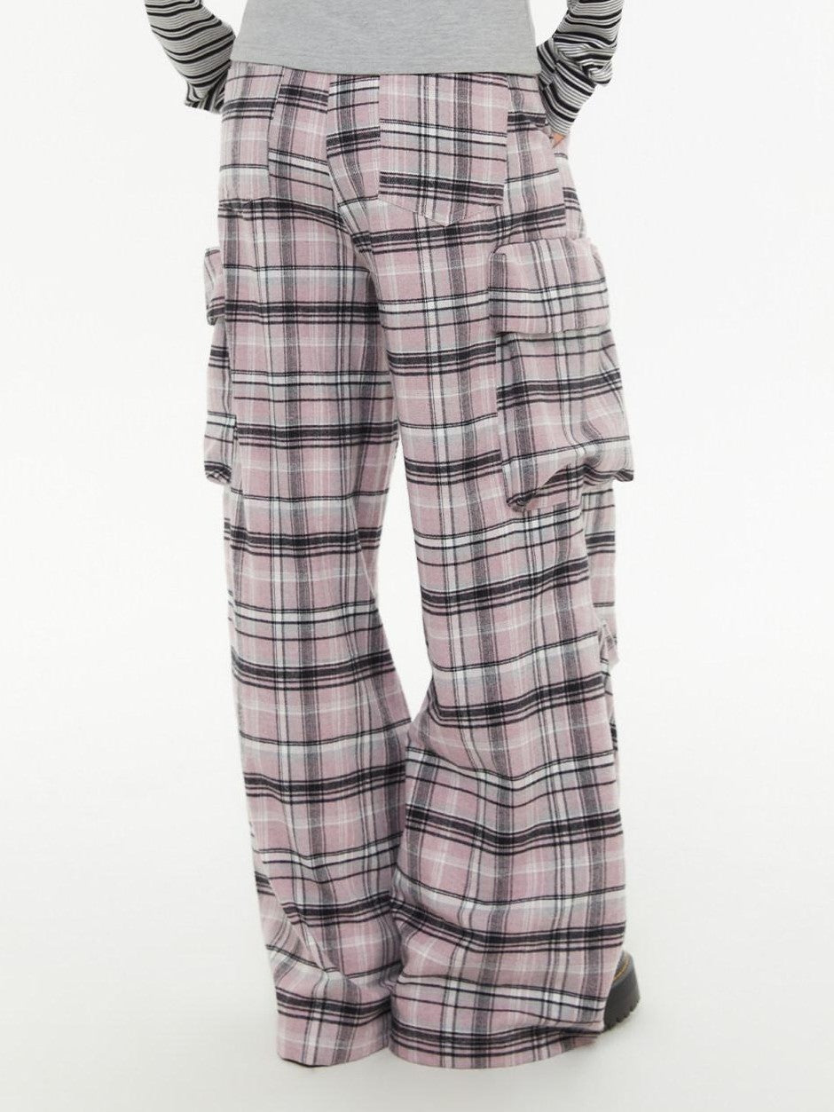 atrandom Pink Plaid Cargo Pocket Natural Waist Relaxed Women&