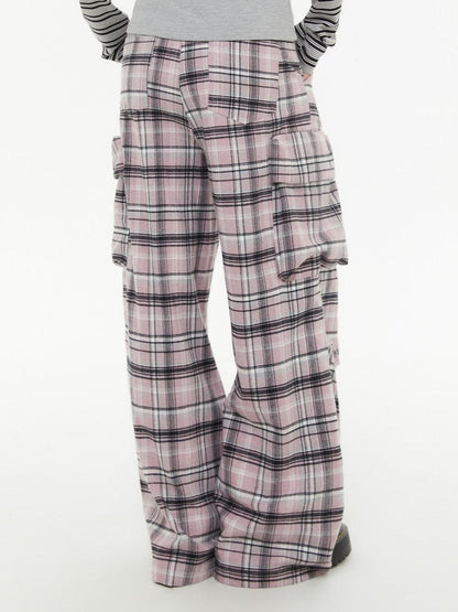 atrandom Pink Plaid Cargo Pocket Natural Waist Relaxed Women&