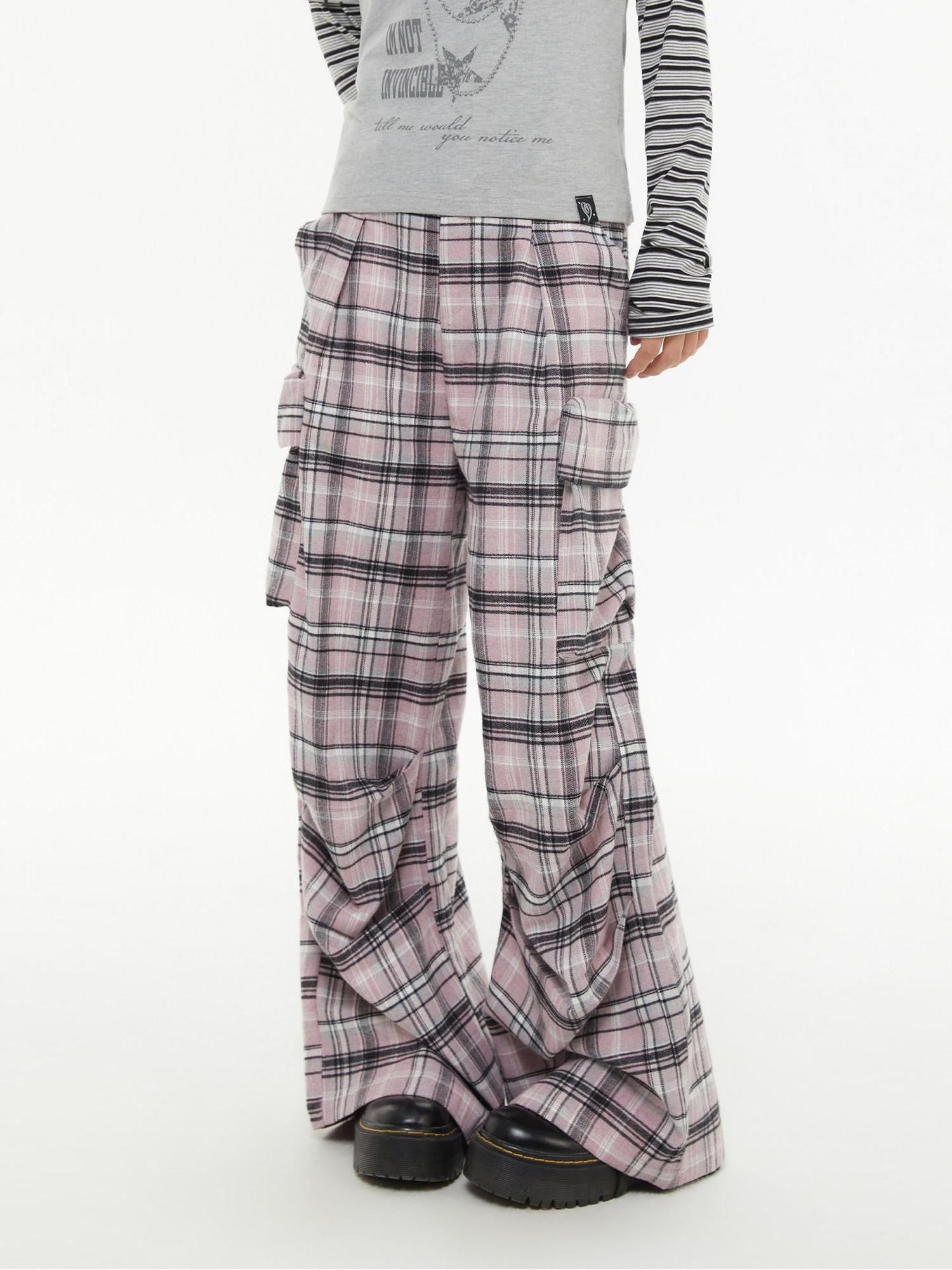 atrandom Pink Plaid Cargo Pocket Natural Waist Relaxed Women&