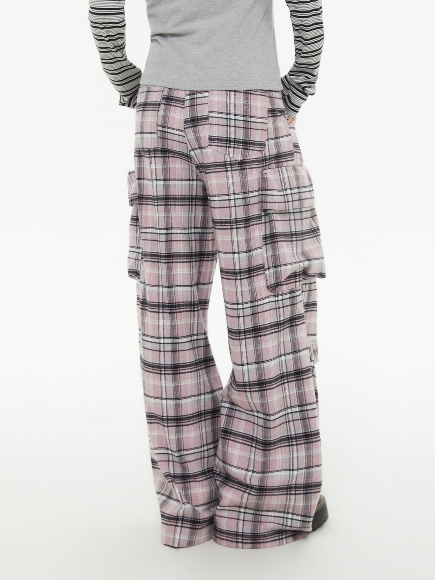 atrandom Pink Plaid Cargo Pocket Natural Waist Relaxed Women&