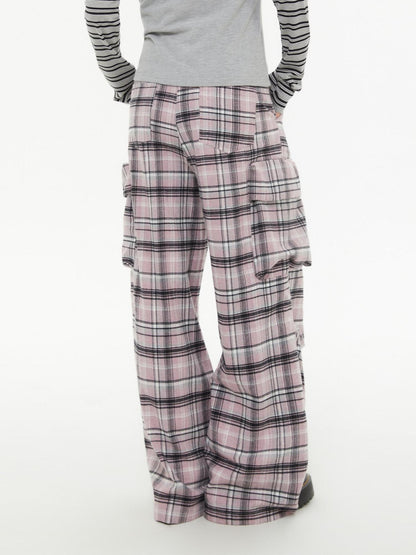 atrandom Pink Plaid Cargo Pocket Natural Waist Relaxed Women&