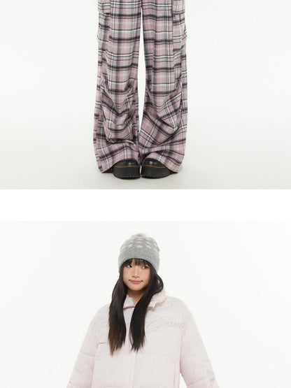 atrandom Pink Plaid Cargo Pocket Natural Waist Relaxed Women&