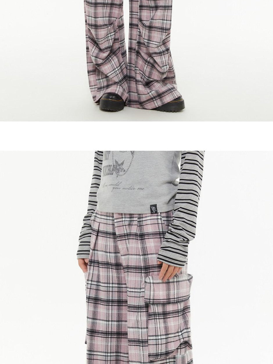 atrandom Pink Plaid Cargo Pocket Natural Waist Relaxed Women&