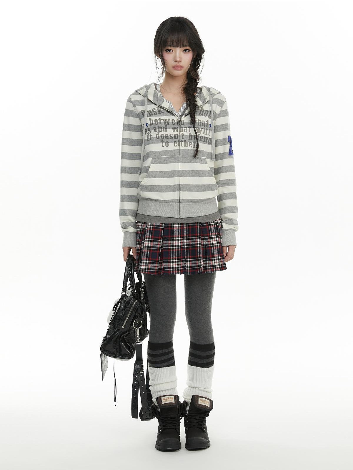 atrandom Plaid Embroidered High Waist Pleated Women&