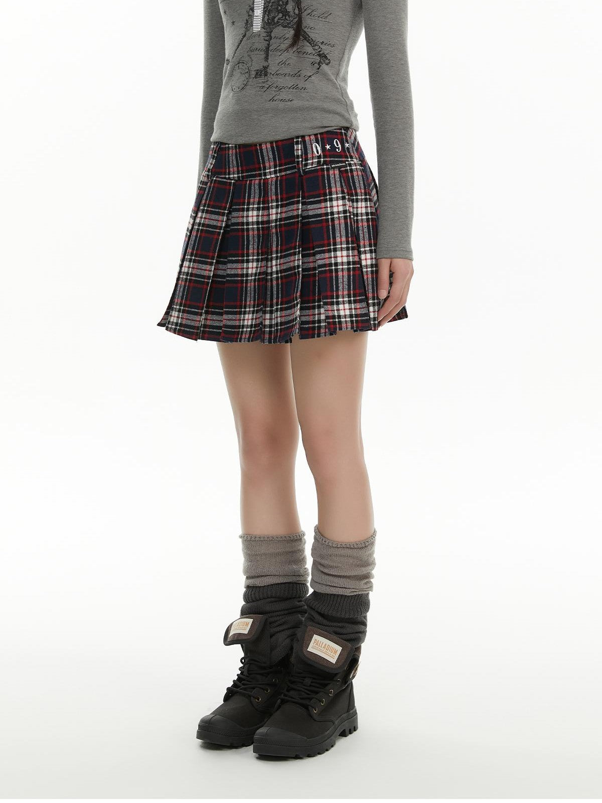 atrandom Plaid Embroidered High Waist Pleated Women&