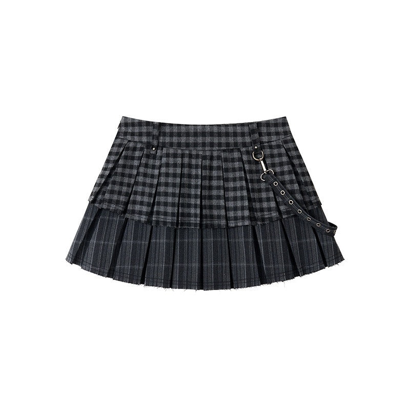 atrandom_Plaid_Pleated_Double_Layer_Frayed_A_Line_Women&