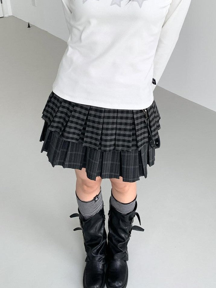 atrandom Plaid Pleated Double Layer Frayed A Line Women&