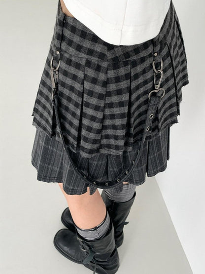 atrandom Plaid Pleated Double Layer Frayed A Line Women&