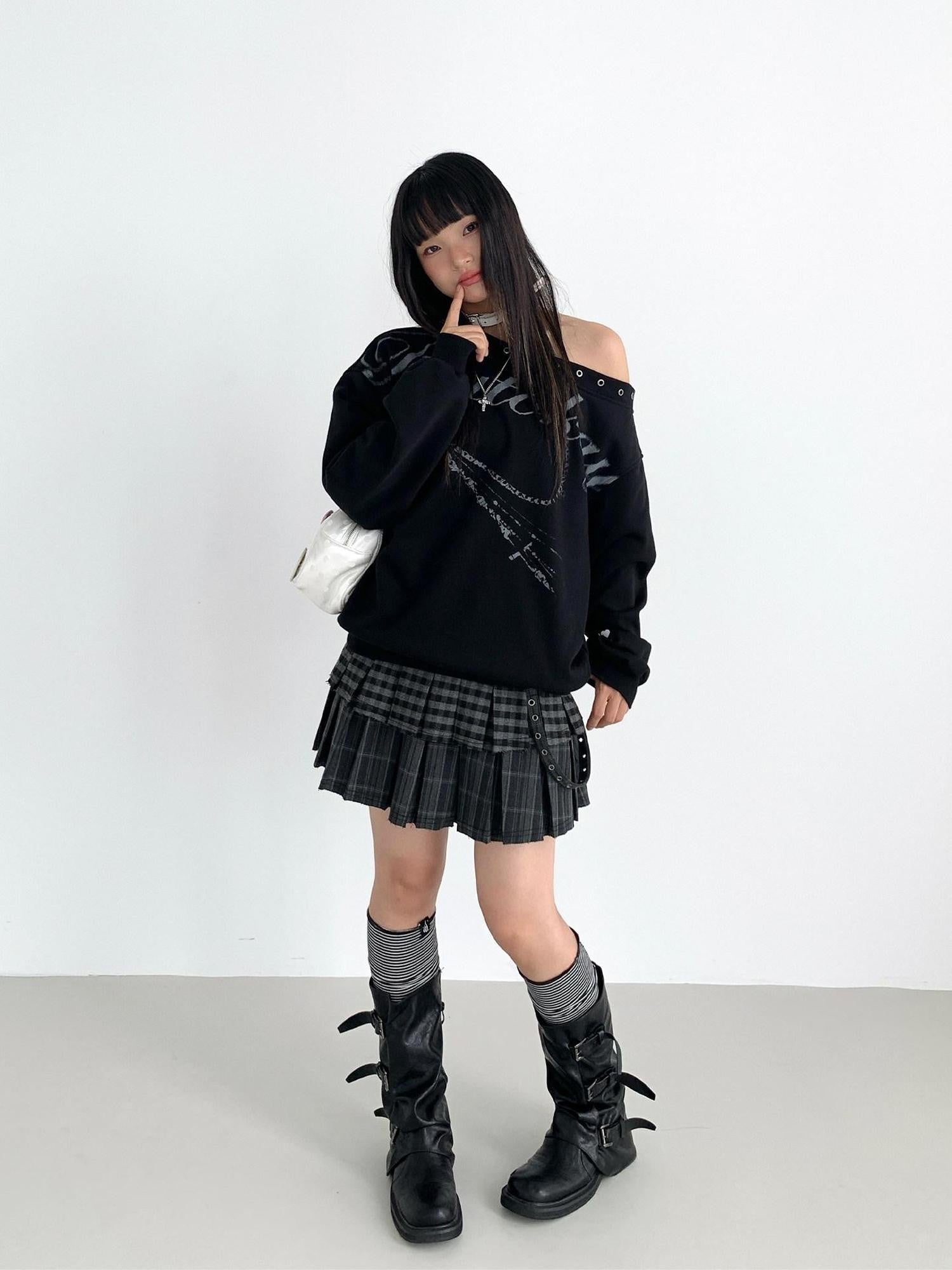 atrandom Plaid Pleated Double Layer Frayed A Line Women&