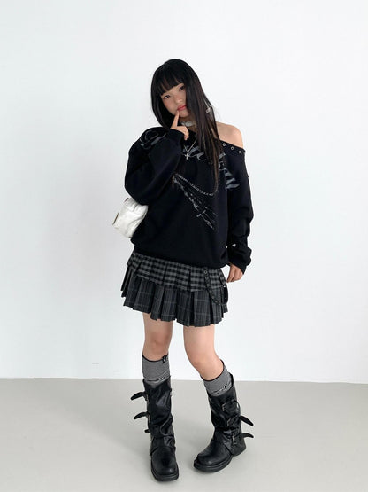 atrandom Plaid Pleated Double Layer Frayed A Line Women&