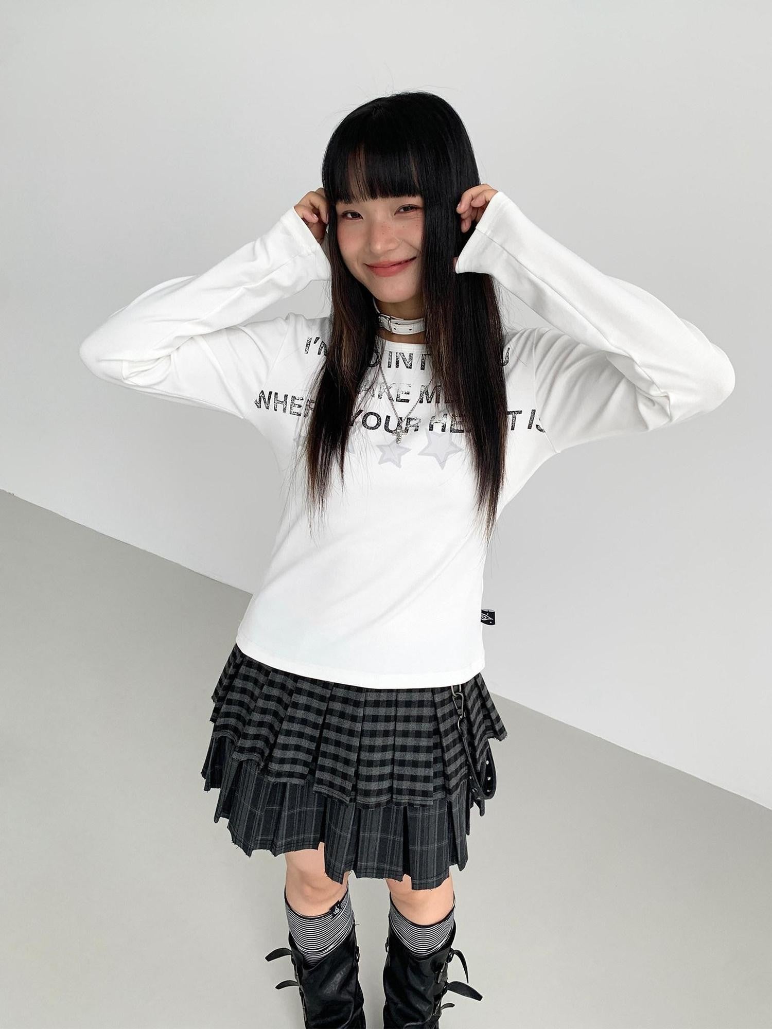 atrandom Plaid Pleated Double Layer Frayed A Line Women&