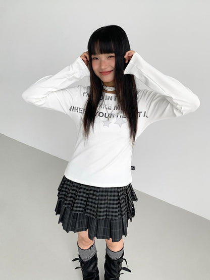 atrandom Plaid Pleated Double Layer Frayed A Line Women&