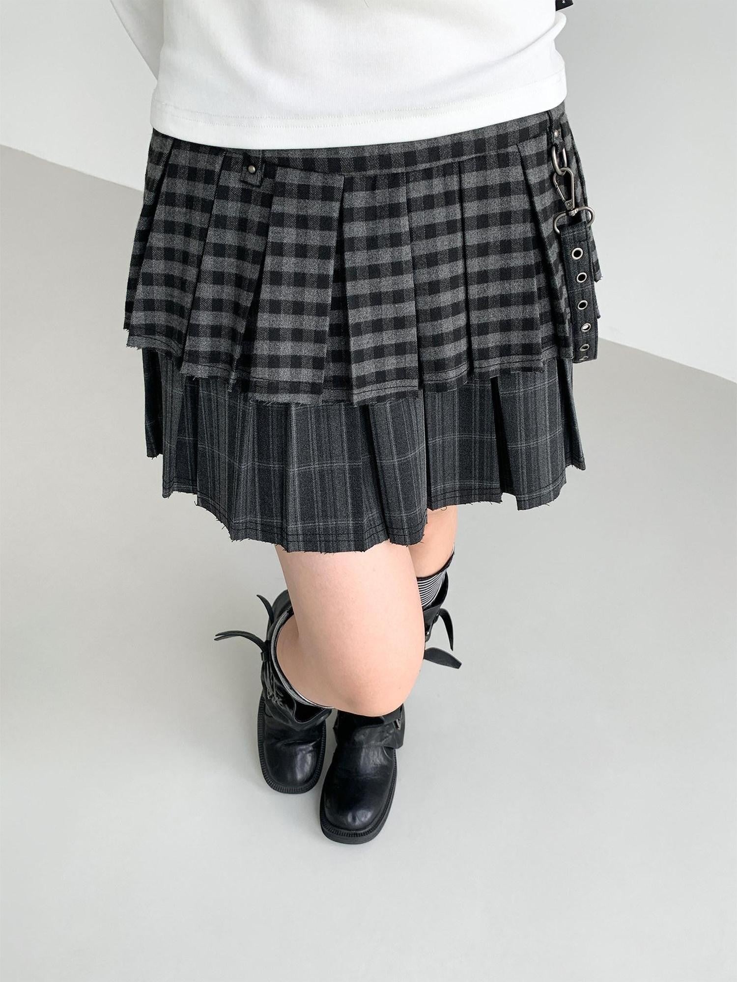 atrandom Plaid Pleated Double Layer Frayed A Line Women&