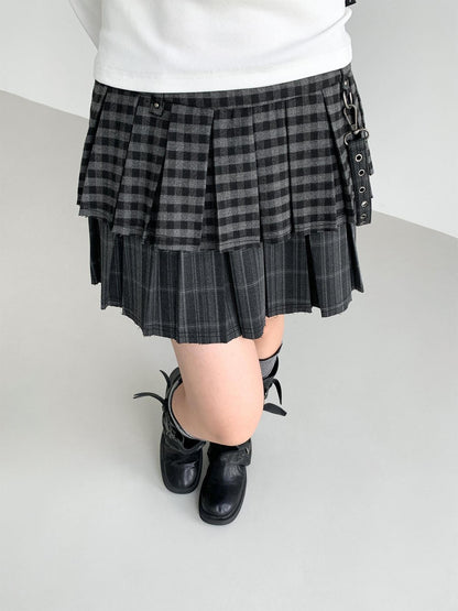 atrandom Plaid Pleated Double Layer Frayed A Line Women&