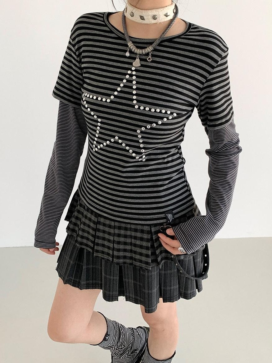 atrandom Plaid Pleated Double Layer Frayed A Line Women&