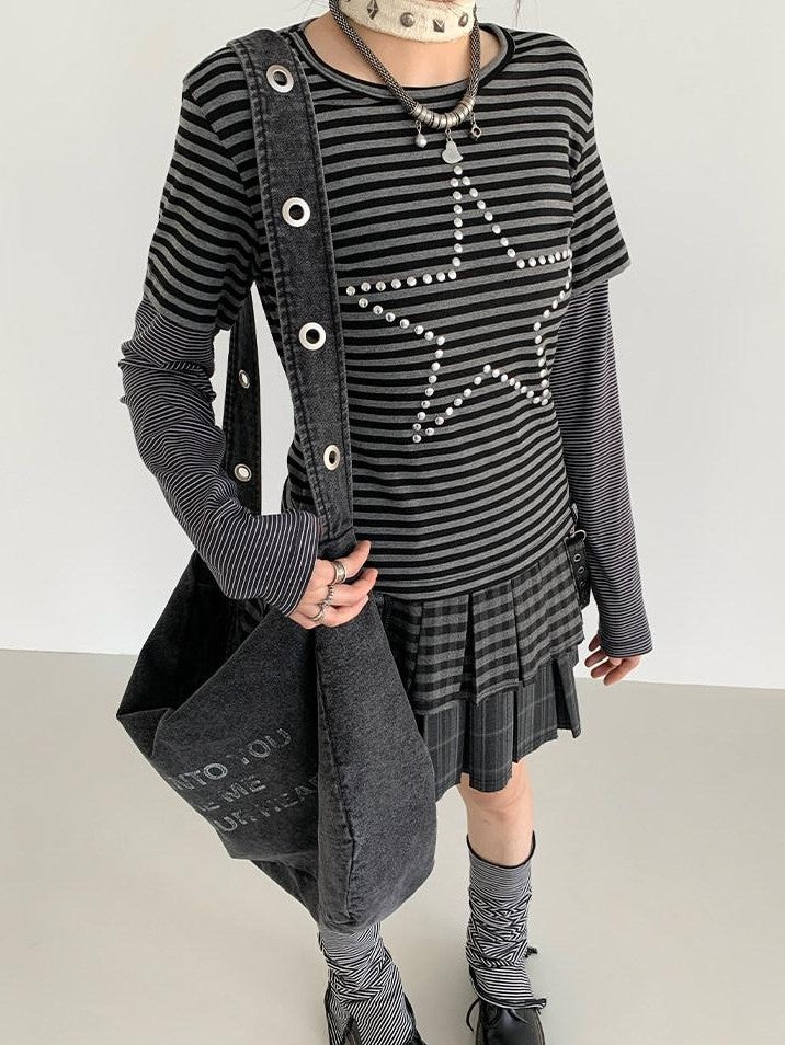 atrandom Plaid Pleated Double Layer Frayed A Line Women&