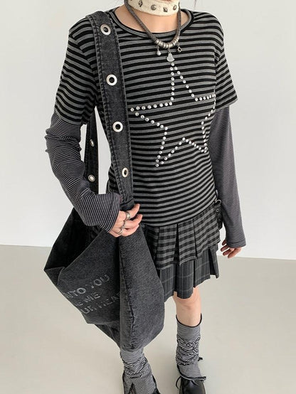 atrandom Plaid Pleated Double Layer Frayed A Line Women&