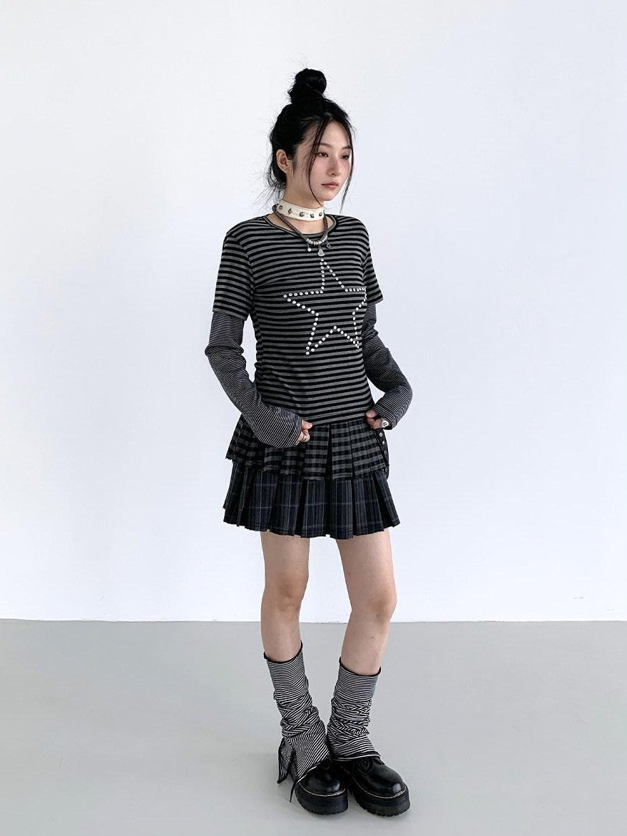 atrandom Plaid Pleated Double Layer Frayed A Line Women&