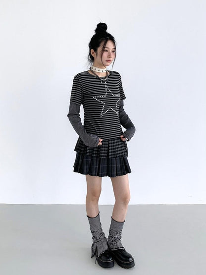 atrandom Plaid Pleated Double Layer Frayed A Line Women&