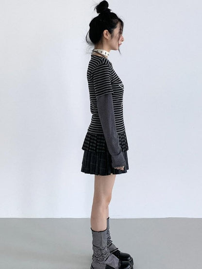 atrandom Plaid Pleated Double Layer Frayed A Line Women&