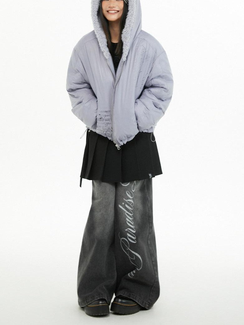 atrandom Plush Letter Print Oversized Dropped Shoulder Women&