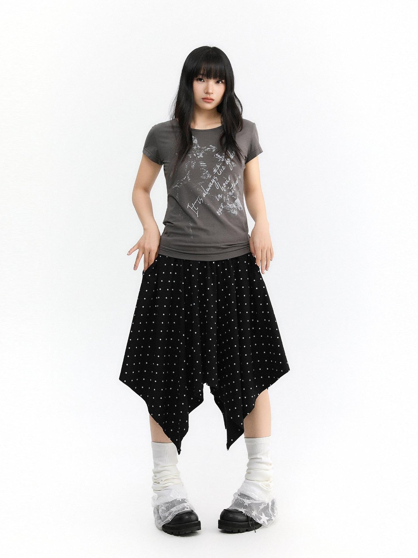 atrandom Polka Dot Asymmetric Elastic Waist Women&
