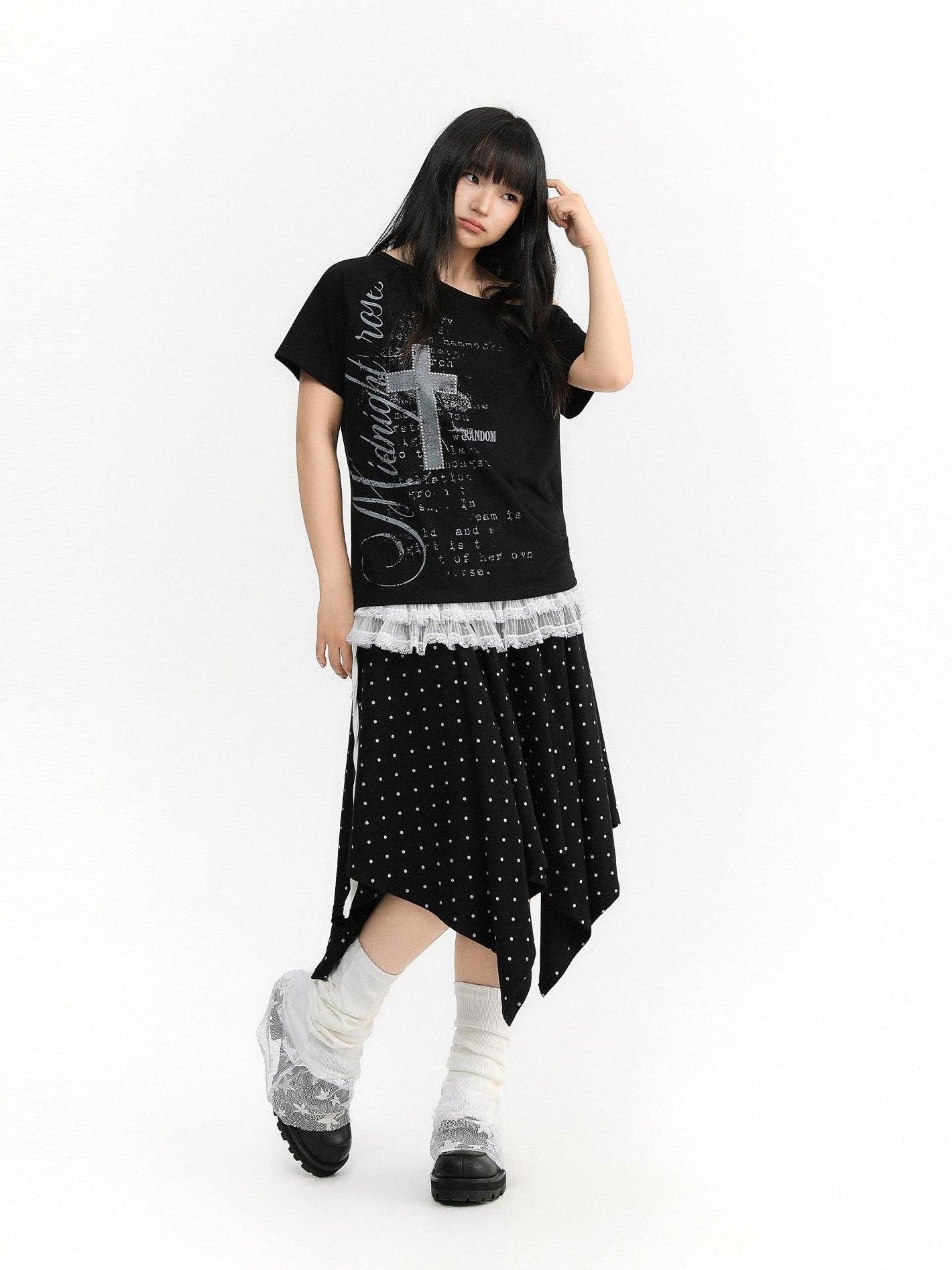 atrandom Polka Dot Asymmetric Elastic Waist Women&