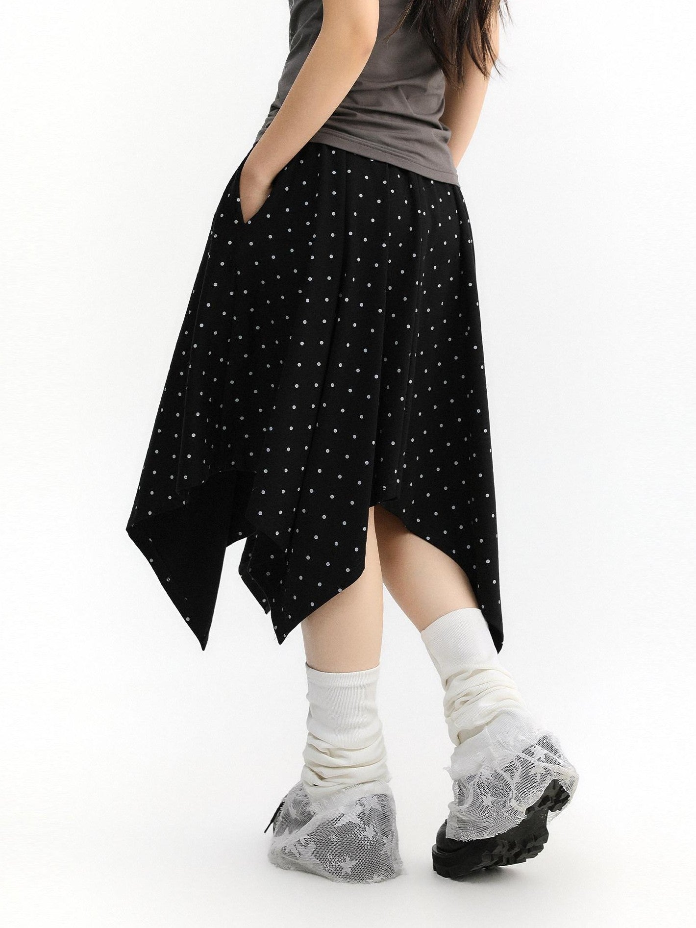 atrandom Polka Dot Asymmetric Elastic Waist Women&