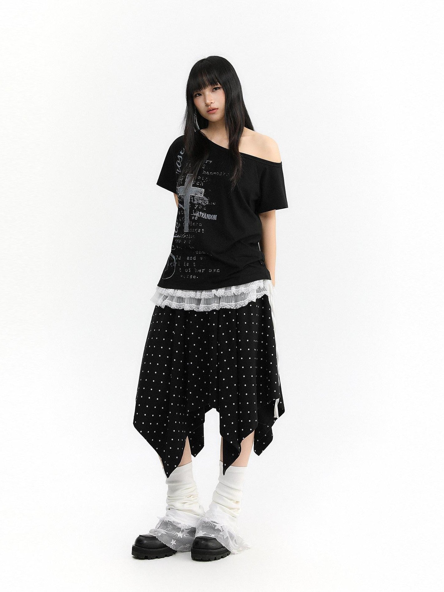 atrandom Polka Dot Asymmetric Elastic Waist Women&