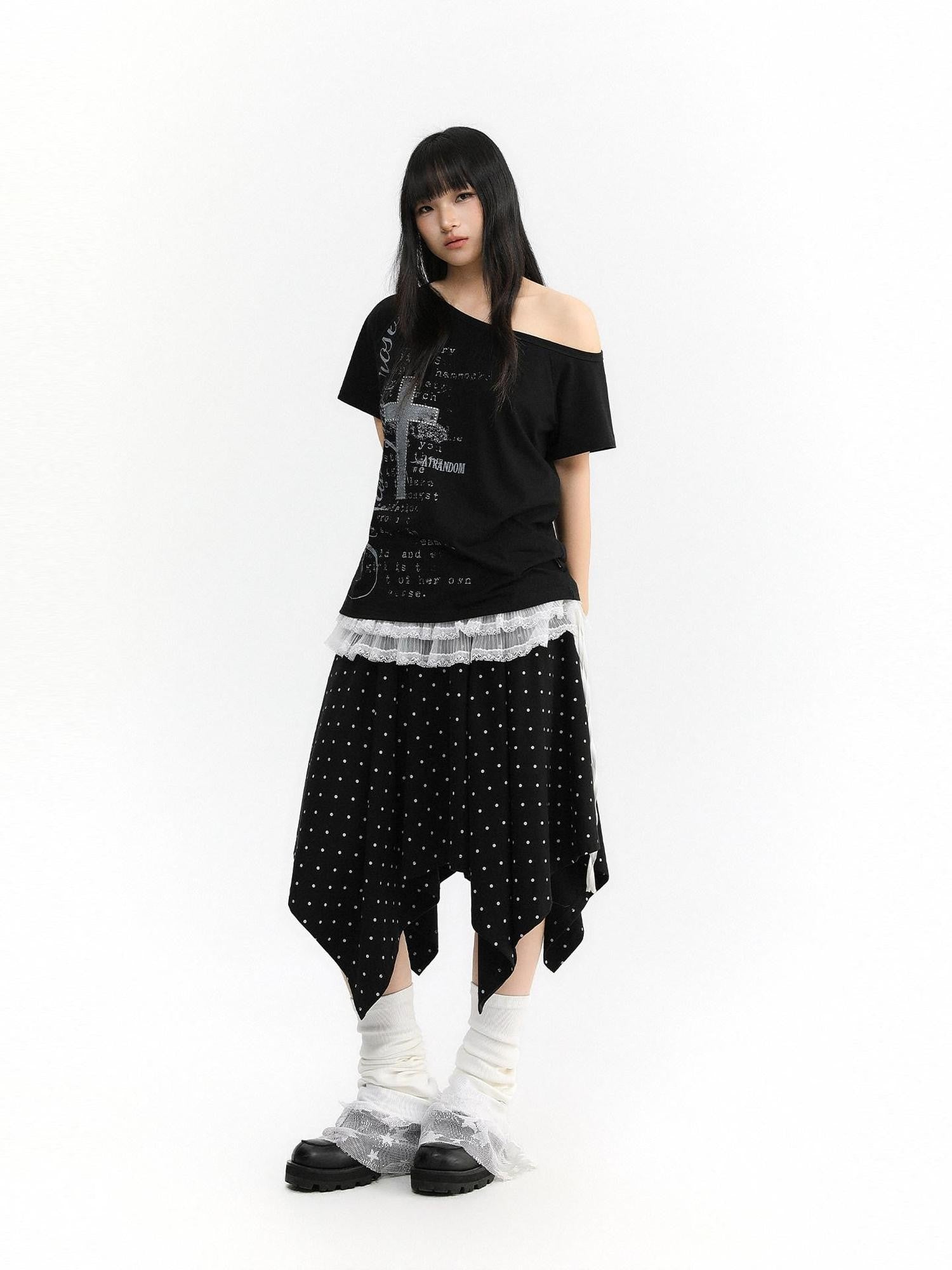 atrandom Polka Dot Asymmetric Elastic Waist Women&