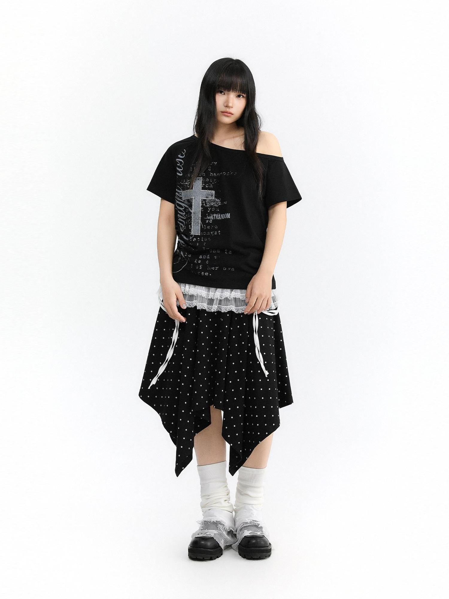 atrandom Polka Dot Asymmetric Elastic Waist Women&