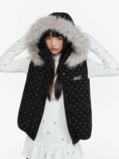atrandom Polka Dot Embroidered Detachable Hood Faux Fur Collar Women&