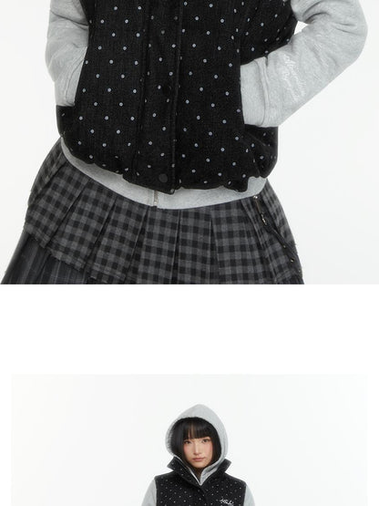 atrandom Polka Dot Embroidered Detachable Hood Faux Fur Collar Women&