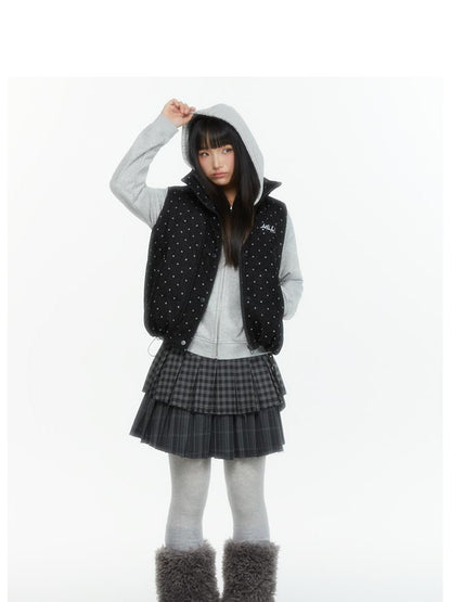 atrandom Polka Dot Embroidered Detachable Hood Faux Fur Collar Women&