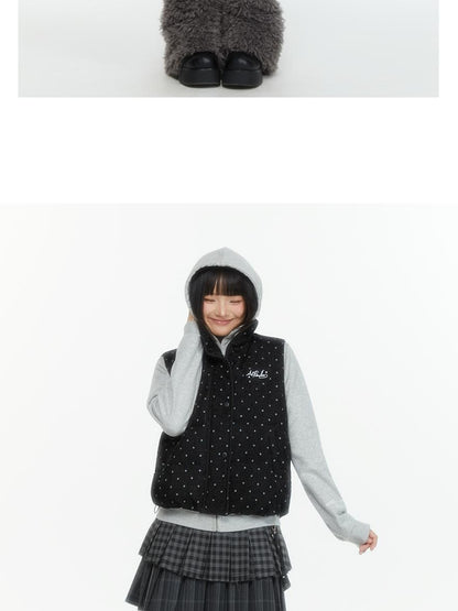 atrandom Polka Dot Embroidered Detachable Hood Faux Fur Collar Women&