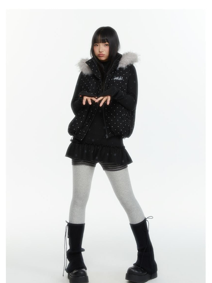 atrandom Polka Dot Embroidered Detachable Hood Faux Fur Collar Women&