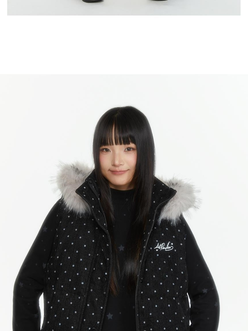 atrandom Polka Dot Embroidered Detachable Hood Faux Fur Collar Women&