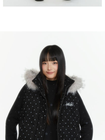 atrandom Polka Dot Embroidered Detachable Hood Faux Fur Collar Women&