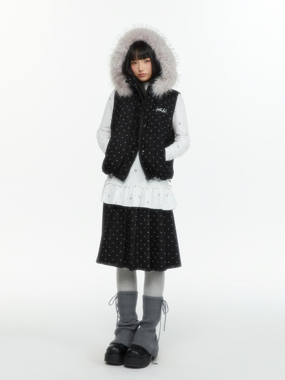 atrandom Polka Dot Embroidered Detachable Hood Faux Fur Collar Women&