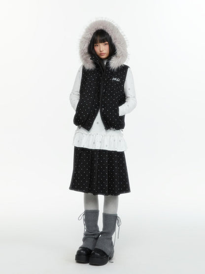 atrandom Polka Dot Embroidered Detachable Hood Faux Fur Collar Women&