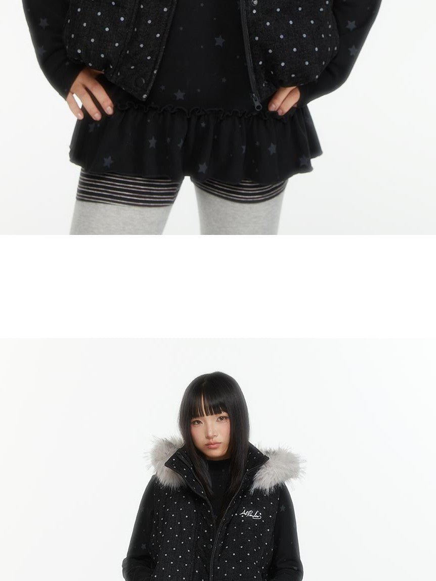 atrandom Polka Dot Embroidered Detachable Hood Faux Fur Collar Women&