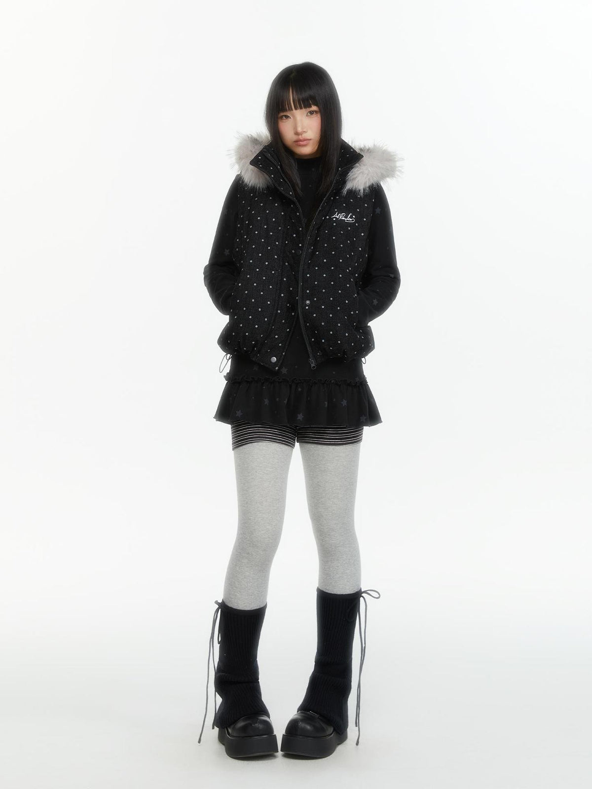 atrandom Polka Dot Embroidered Detachable Hood Faux Fur Collar Women&