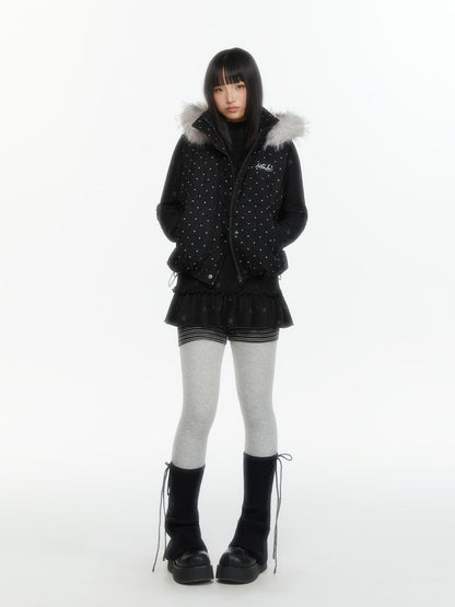atrandom Polka Dot Embroidered Detachable Hood Faux Fur Collar Women&