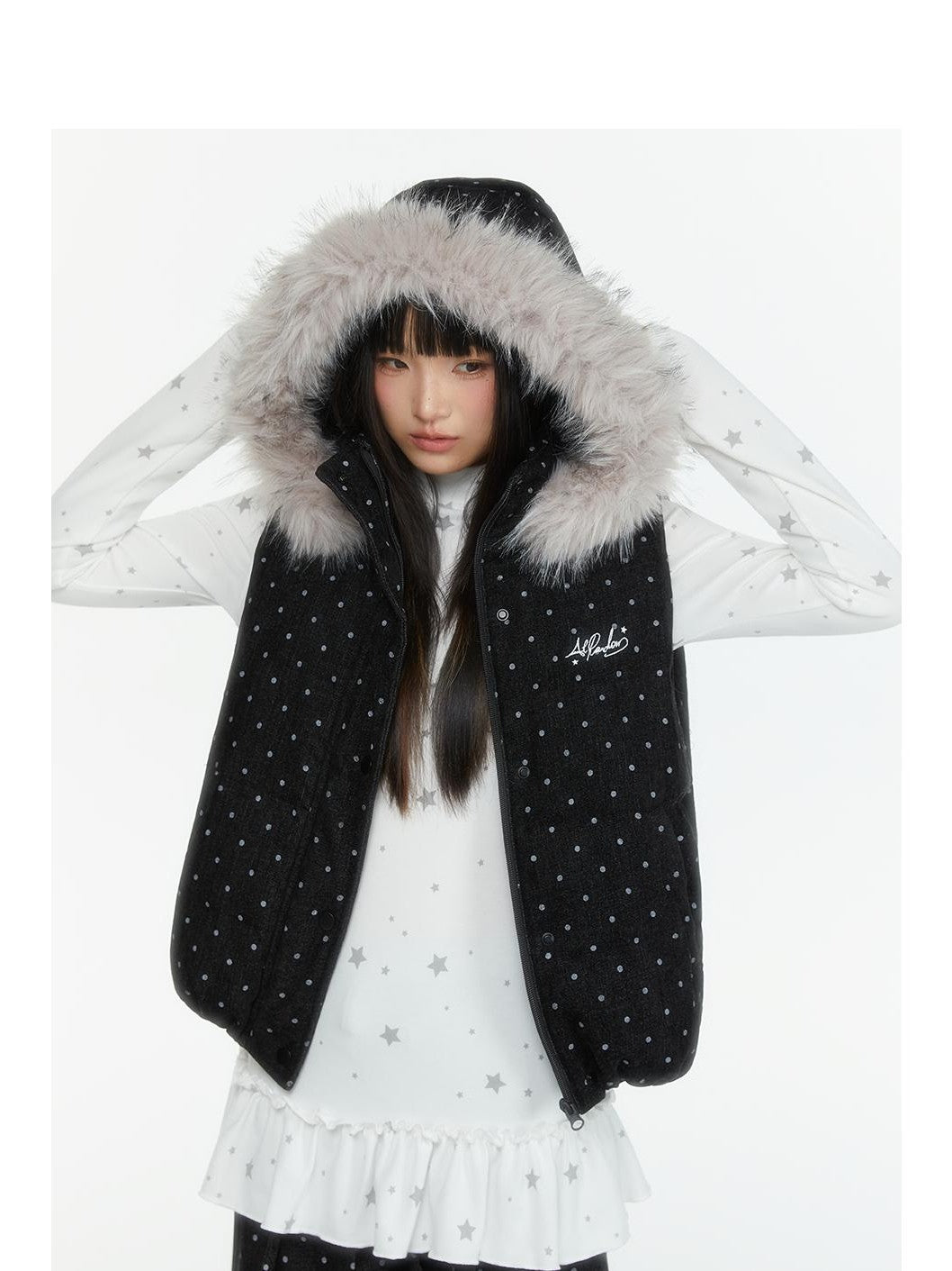 atrandom Polka Dot Embroidered Detachable Hood Faux Fur Collar Women&