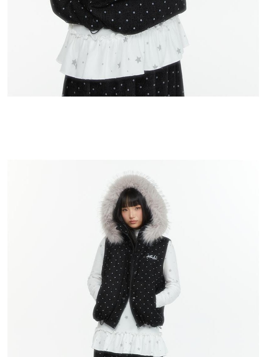 atrandom Polka Dot Embroidered Detachable Hood Faux Fur Collar Women&